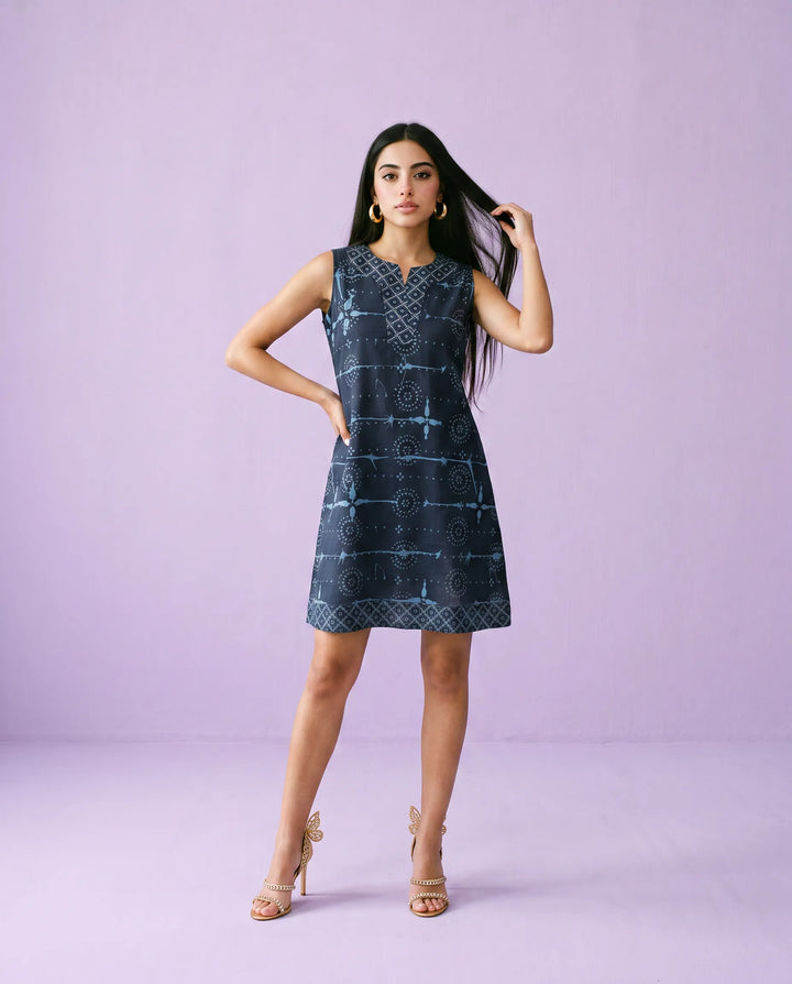 Navy Printed Cotton Midi Dress