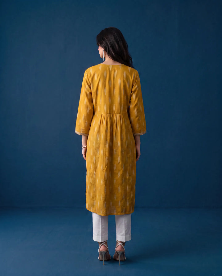 Yellow Embroidered Cotton Straight cut Long Kurta