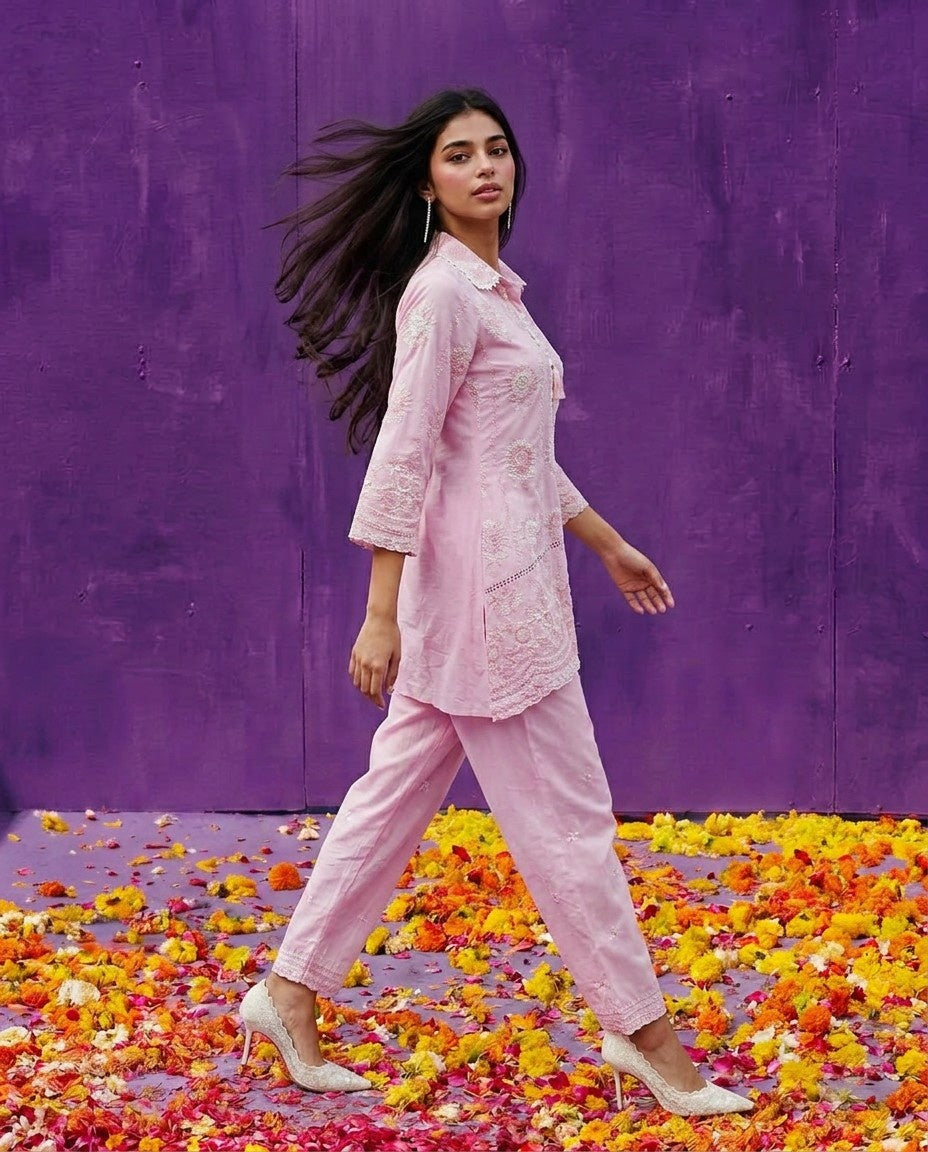 Pink Embroidered Cotton Satin Co-Ord Set