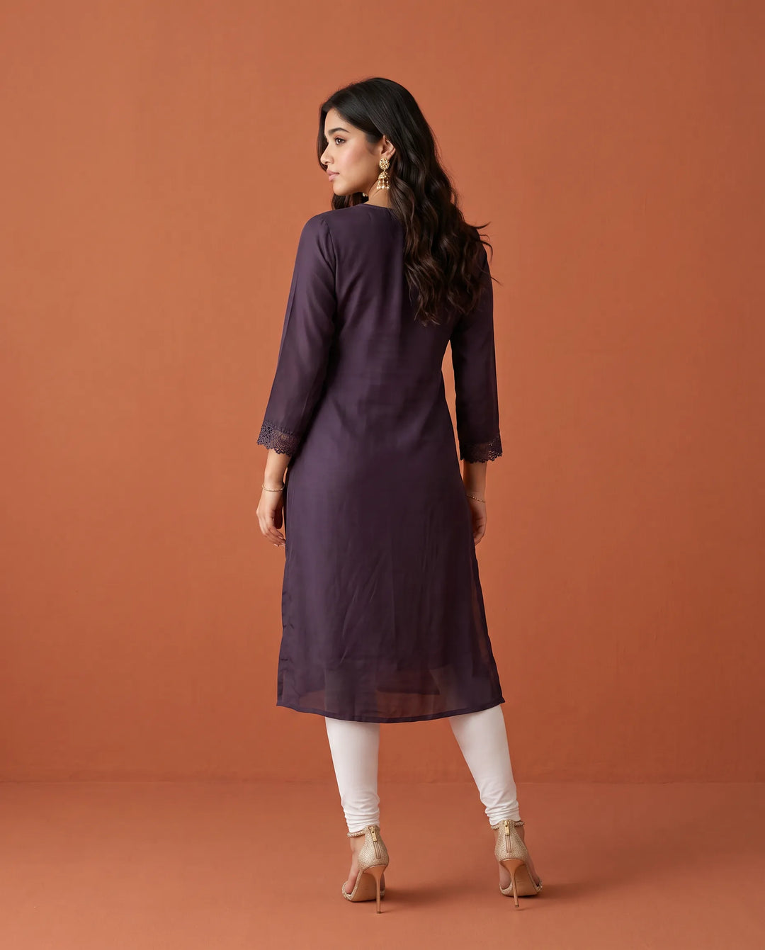 Purple Embroidered Georgette Straight cut Long Kurta