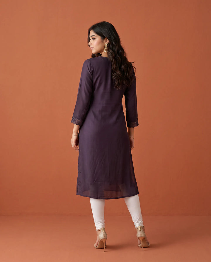 Purple Embroidered Georgette Straight cut Long Kurta