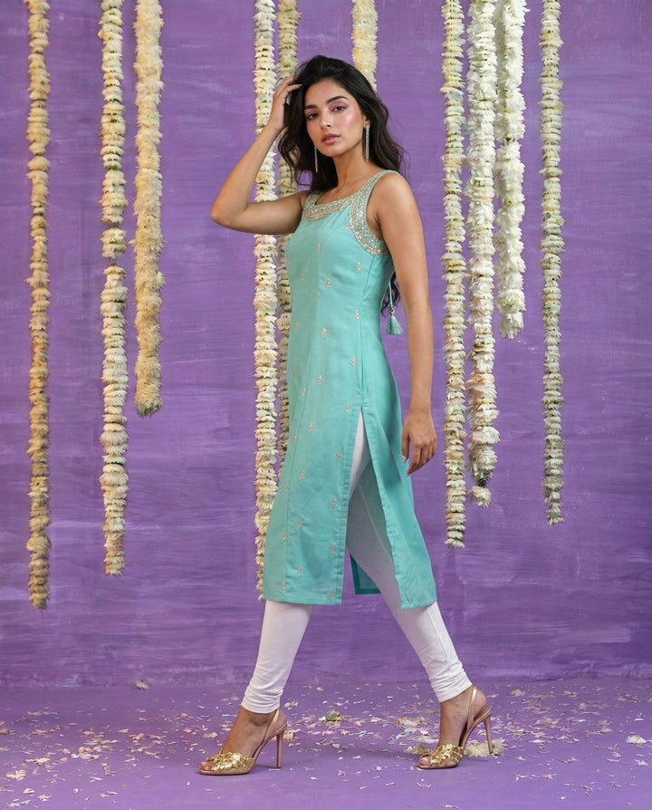 Turquoise Embroidered Viscose Blended Sleeveless Straight cut Long Kurta