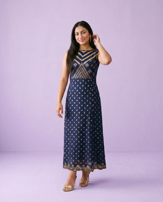 Navy Printed Rayon Sleeveless Maxi Dress