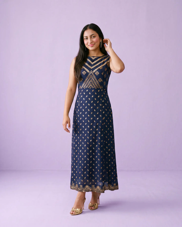 Navy Printed Rayon Sleeveless Maxi Dress
