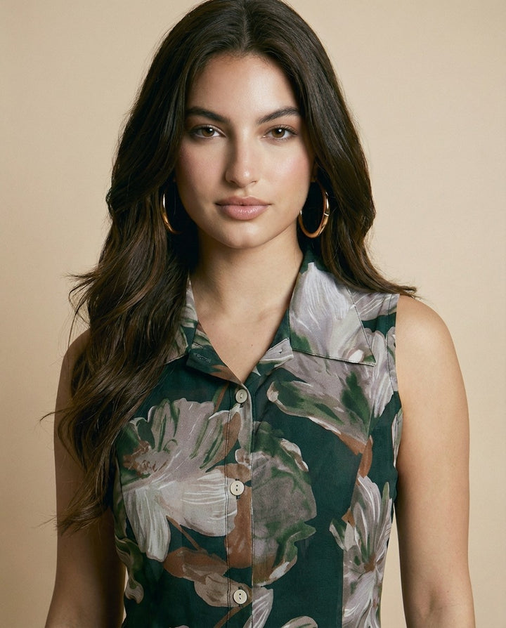 Dark Green Printed Viscose Blended Midi Dress