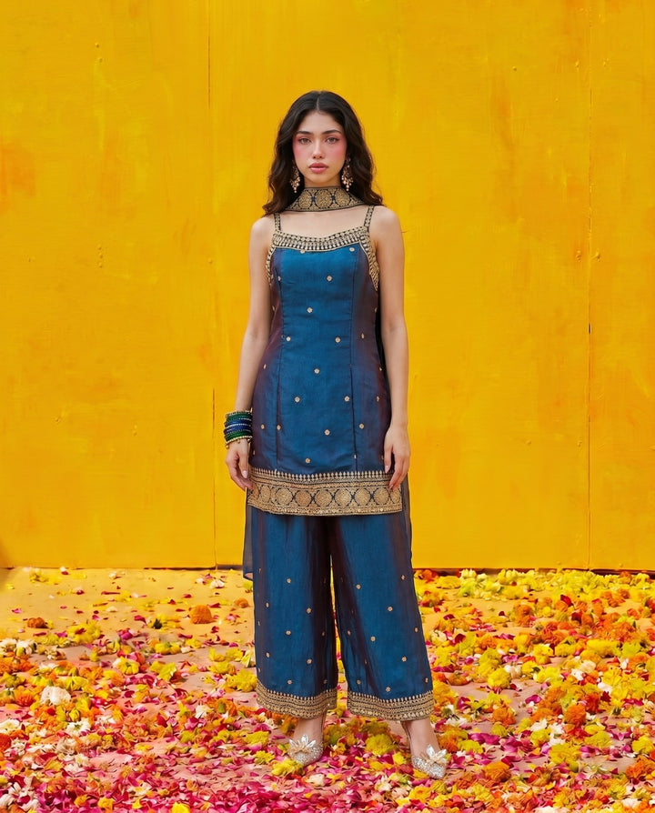 Navy Embriodered Silk Blended Spaghetti Strap Kurta Bottom Dupatta Set