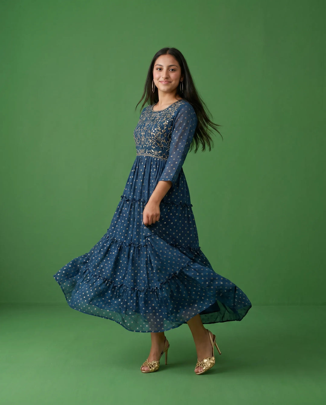 Navy Embriodered Georgette Maxi Dress