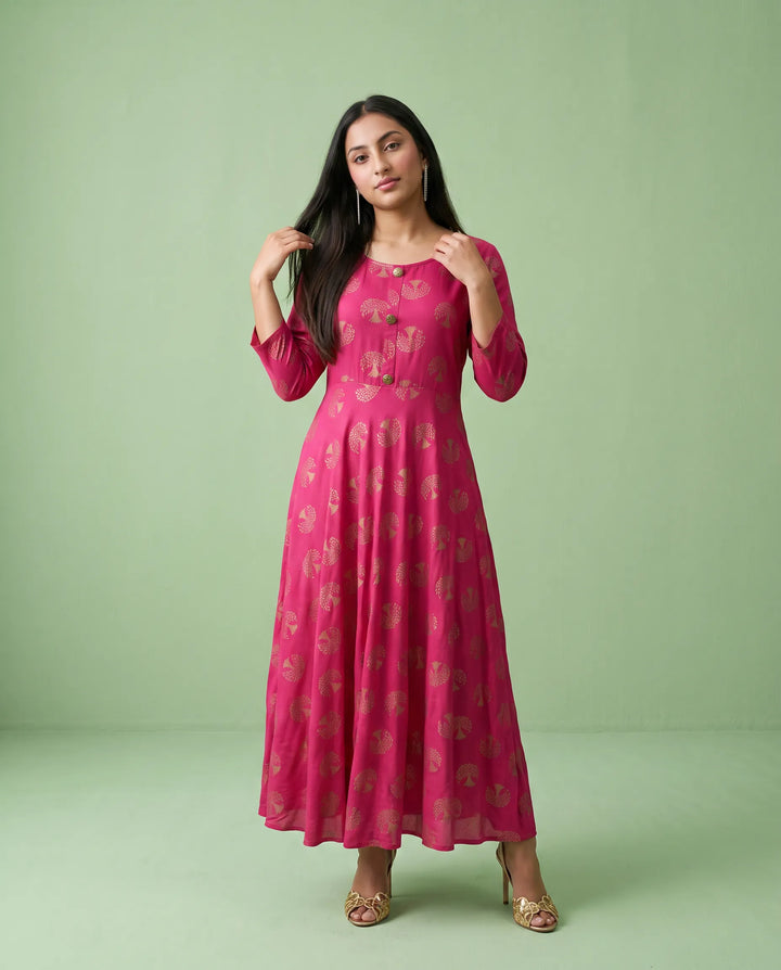 Magenta Printed Rayon Maxi Dress