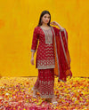 Maroon Embroidered Silk Blended Kurta Bottom Dupatta Set