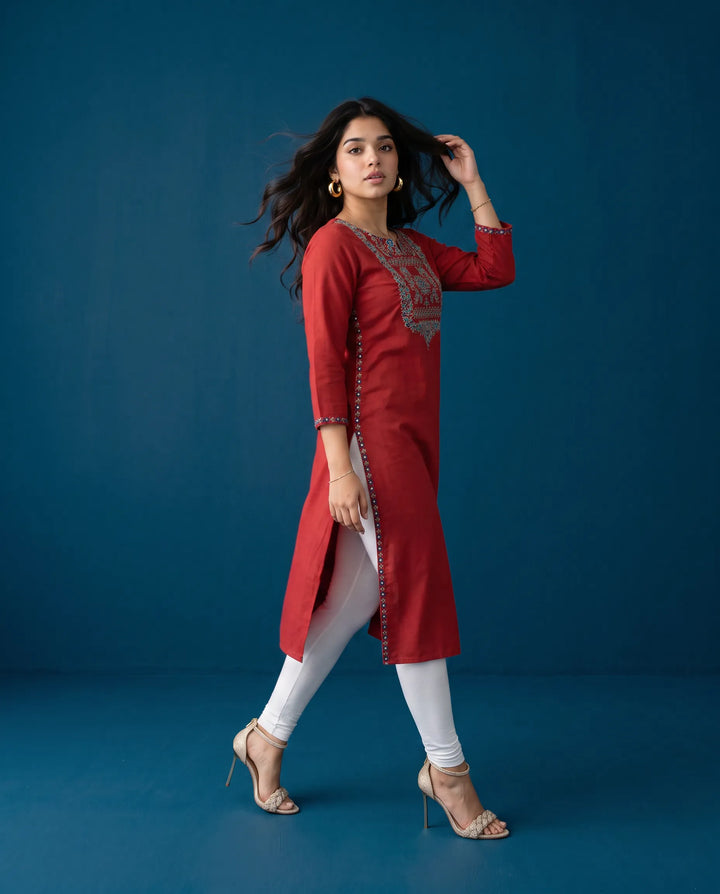 Maroon Embroidered Viscose Blended Straight cut Long Kurta