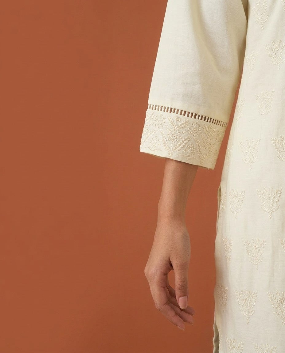 Cream Embriodered Cotton Short Kurti