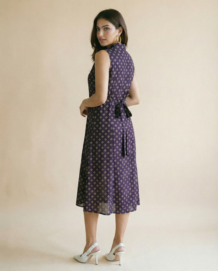Purple Printed Viscose Blended Midi Dress