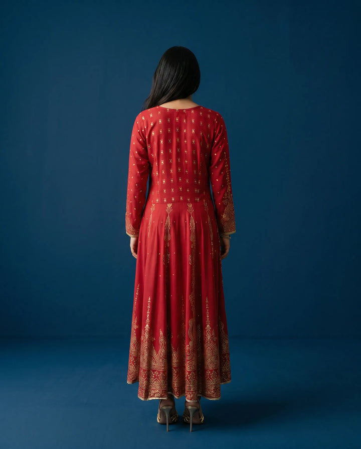 Red Printed Rayon Maxi Dress