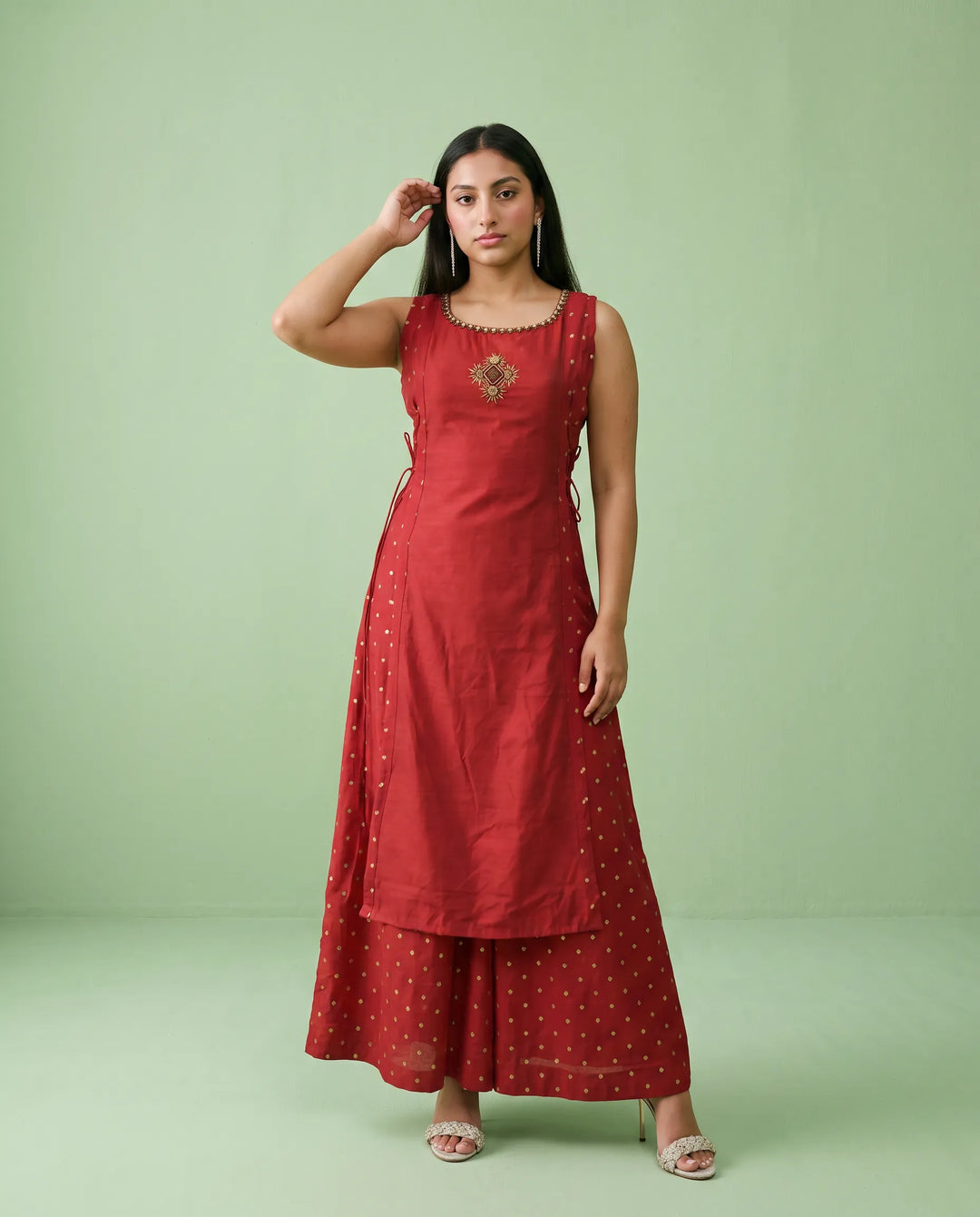 Maroon Printed Viscose Blended Sleeveless Maxi Dress