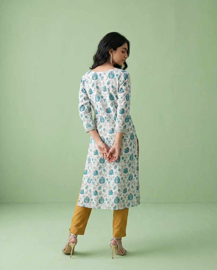 Blue Printed Viscose Blended Straight cut Long Kurta