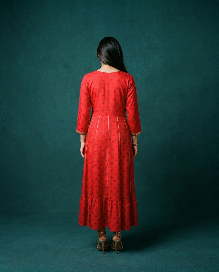 Red Embriodered Rayon Maxi Dress