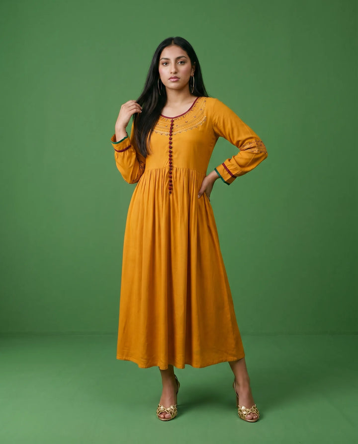 Mustard Embriodered Cotton Maxi Dress