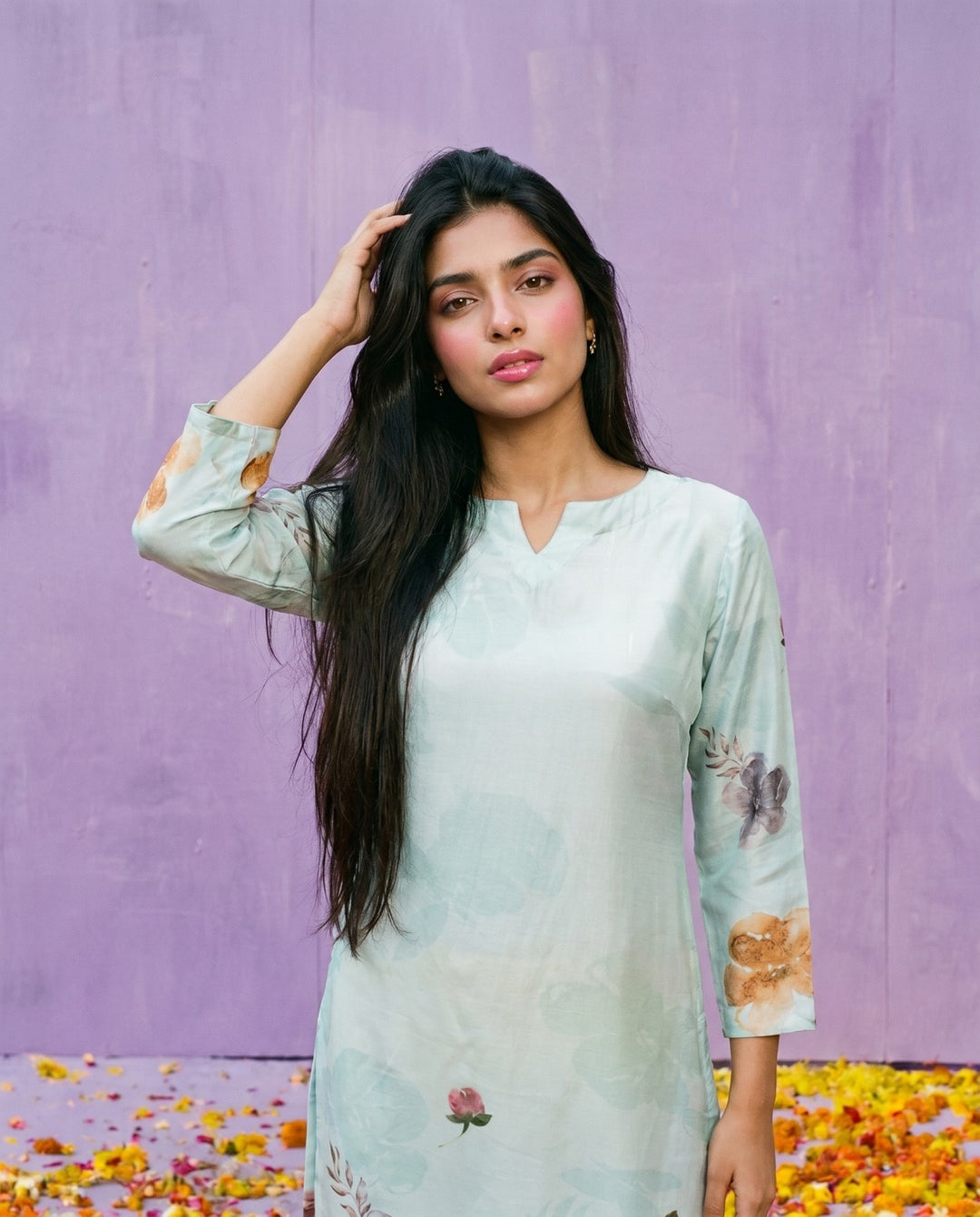 Sea Green Printed Crepe Silk Straight cut Long Kurta