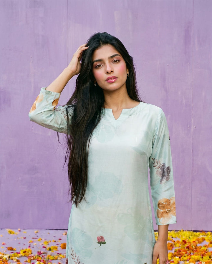 Sea Green Printed Crepe Silk Straight cut Long Kurta