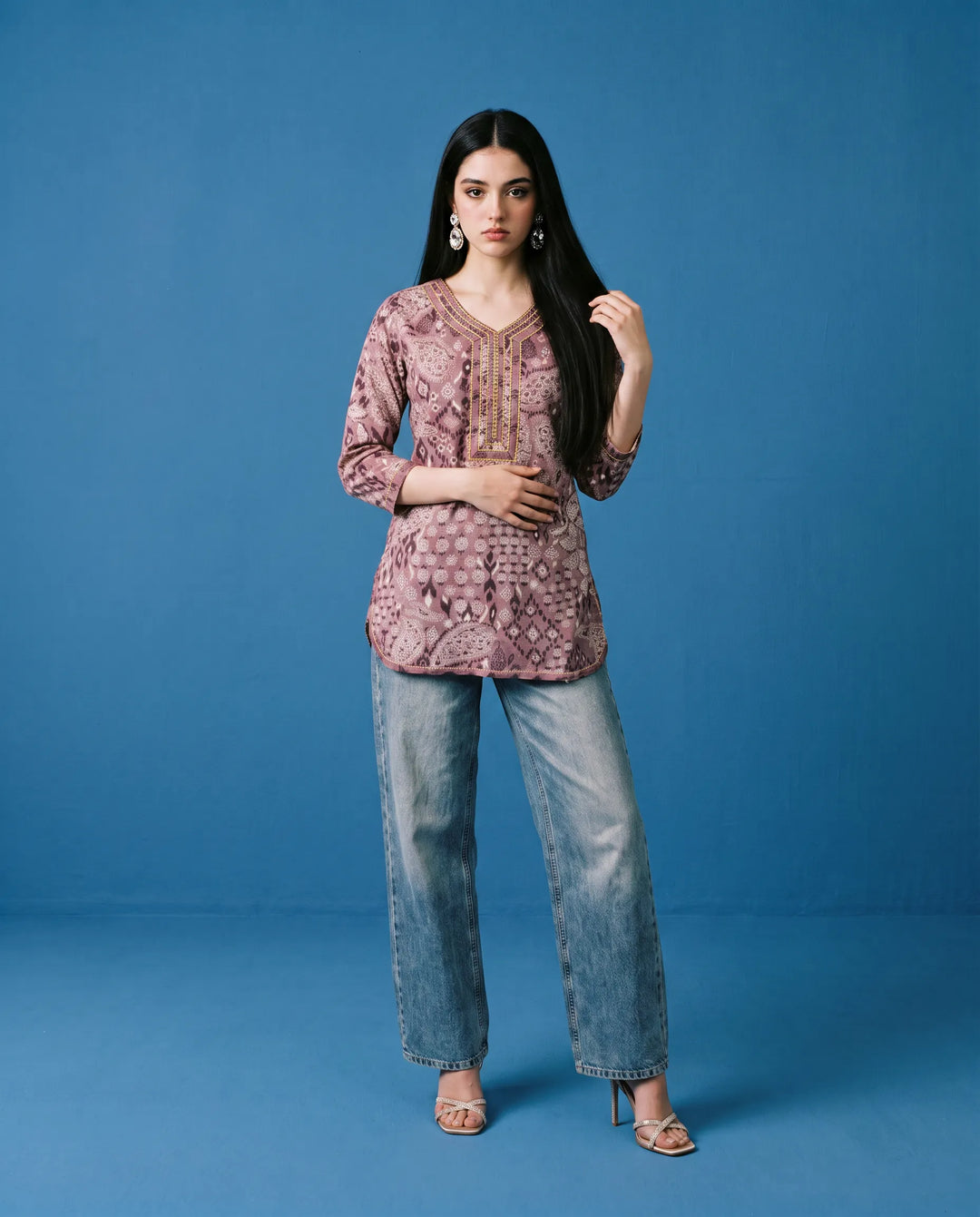 Purple Printed Cotton Short Kurti