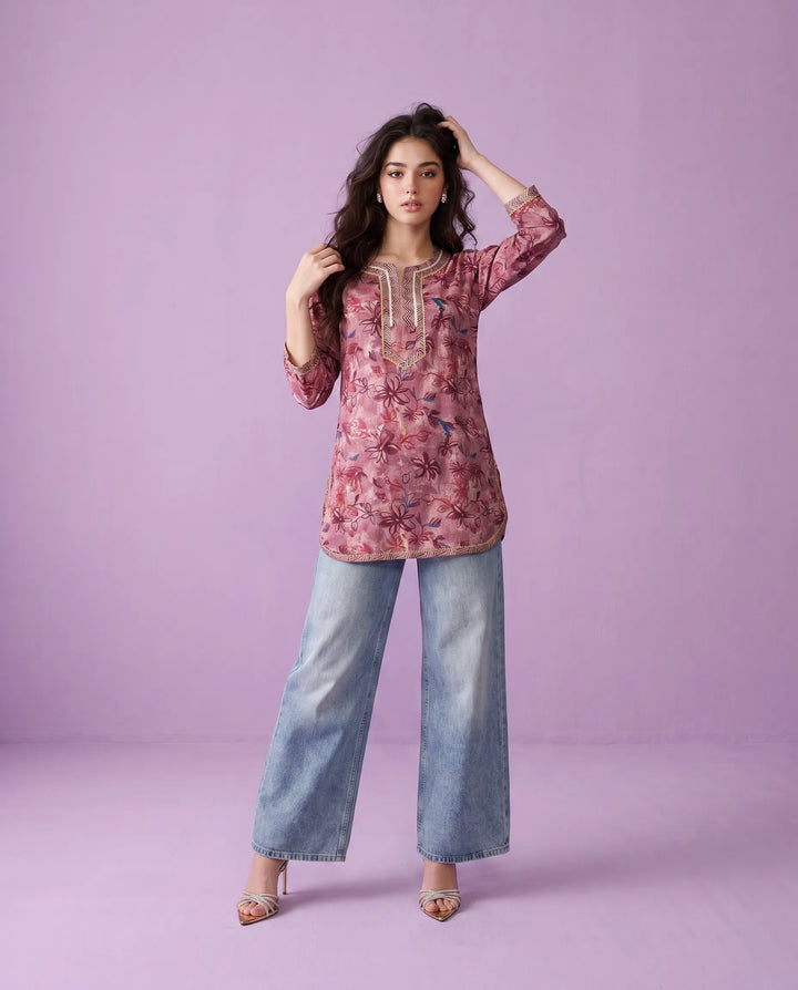 Violet Printed Viscose Blended Short Kurti