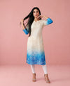 Cream and Royal Blue Printed Crepe Silk Straight cut Long Kurta