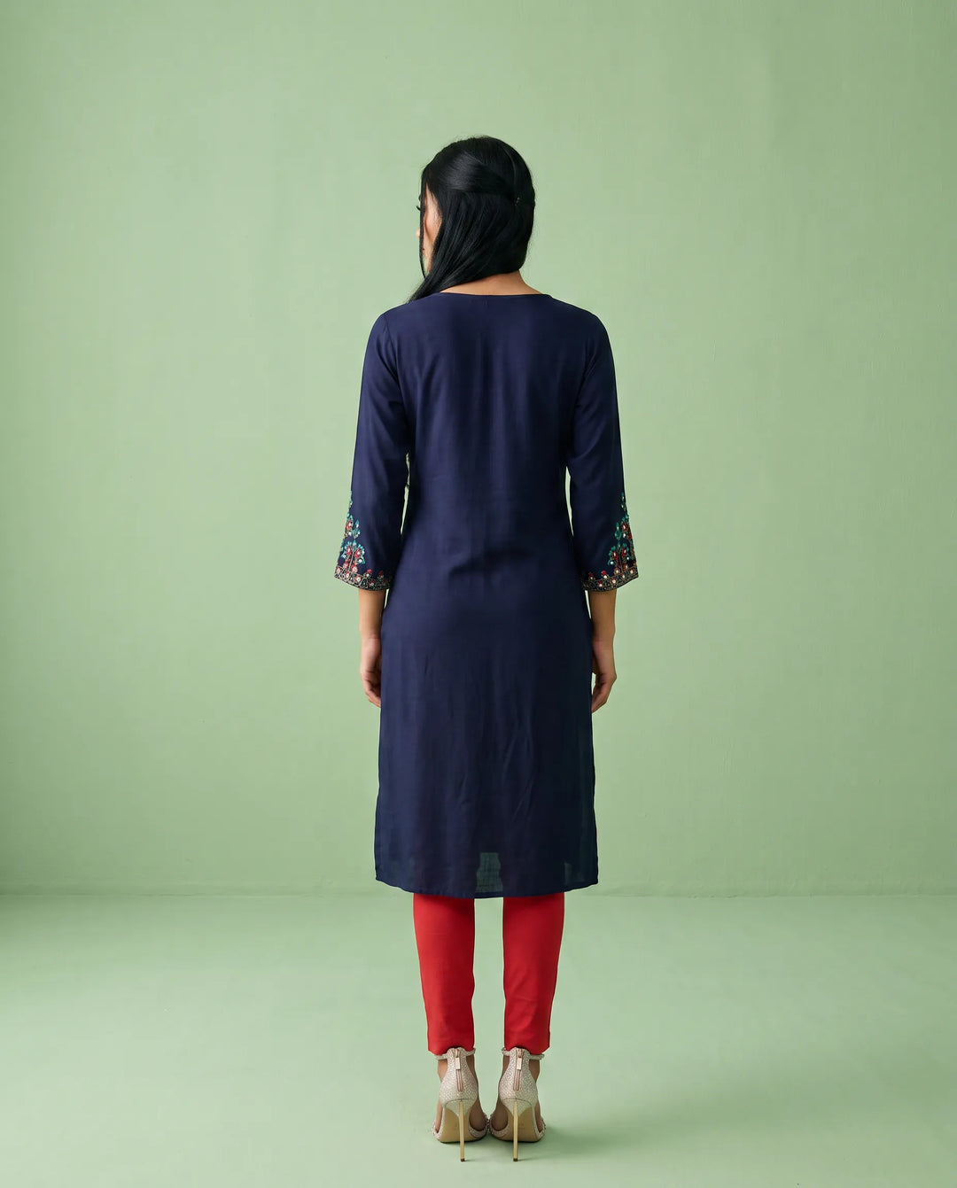 Navy Embroidered Rayon Straight cut Long Kurta
