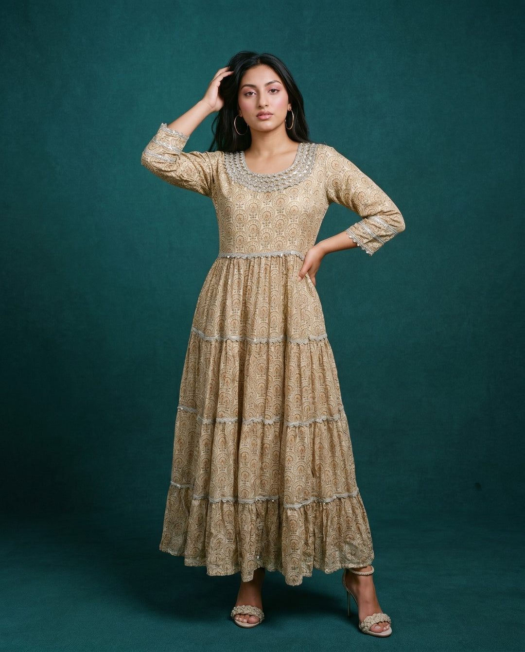 Yellow Printed Silk Blended Maxi Dress