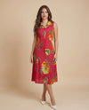 Red Printed Viscose Blended Midi Dress
