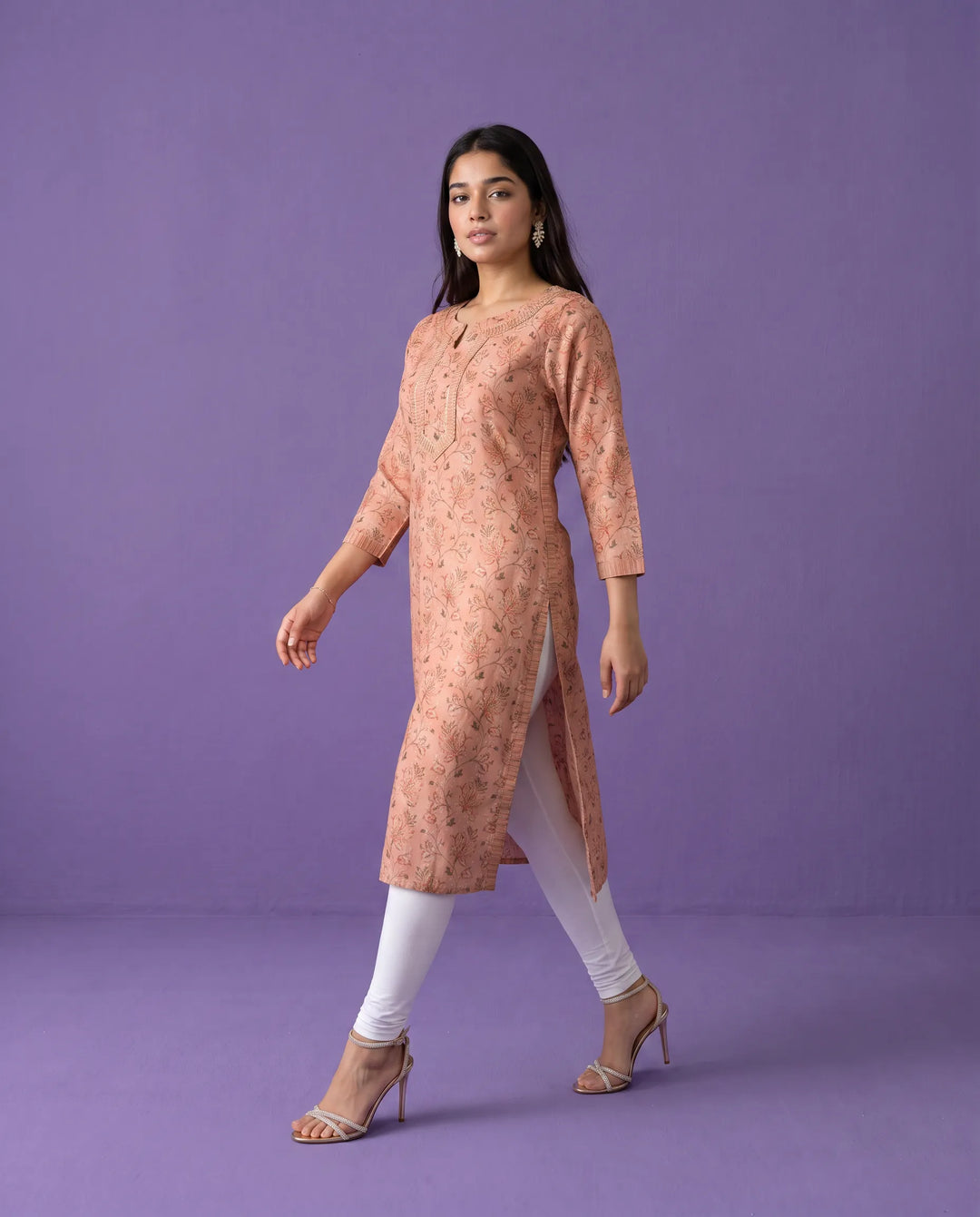 Peach Printed Viscose Blended Straight cut Long Kurta
