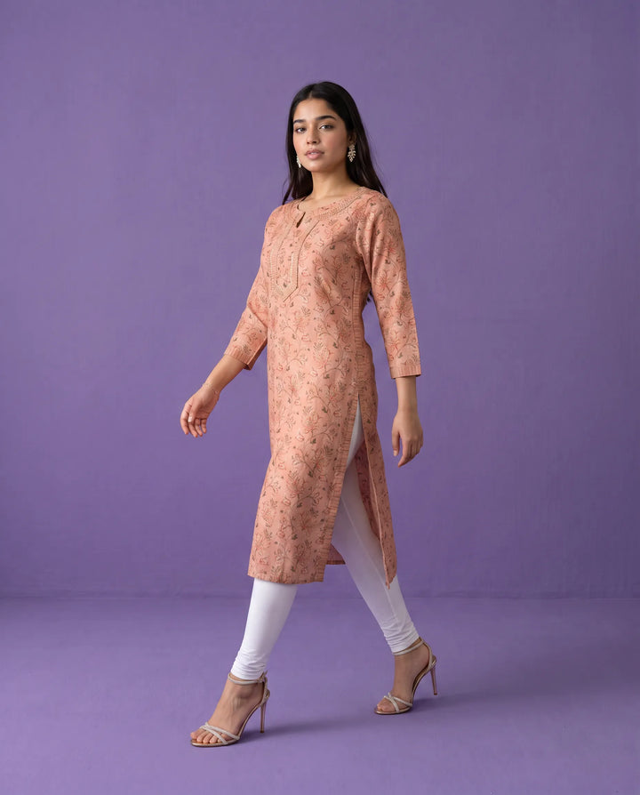 Peach Printed Viscose Blended Straight cut Long Kurta