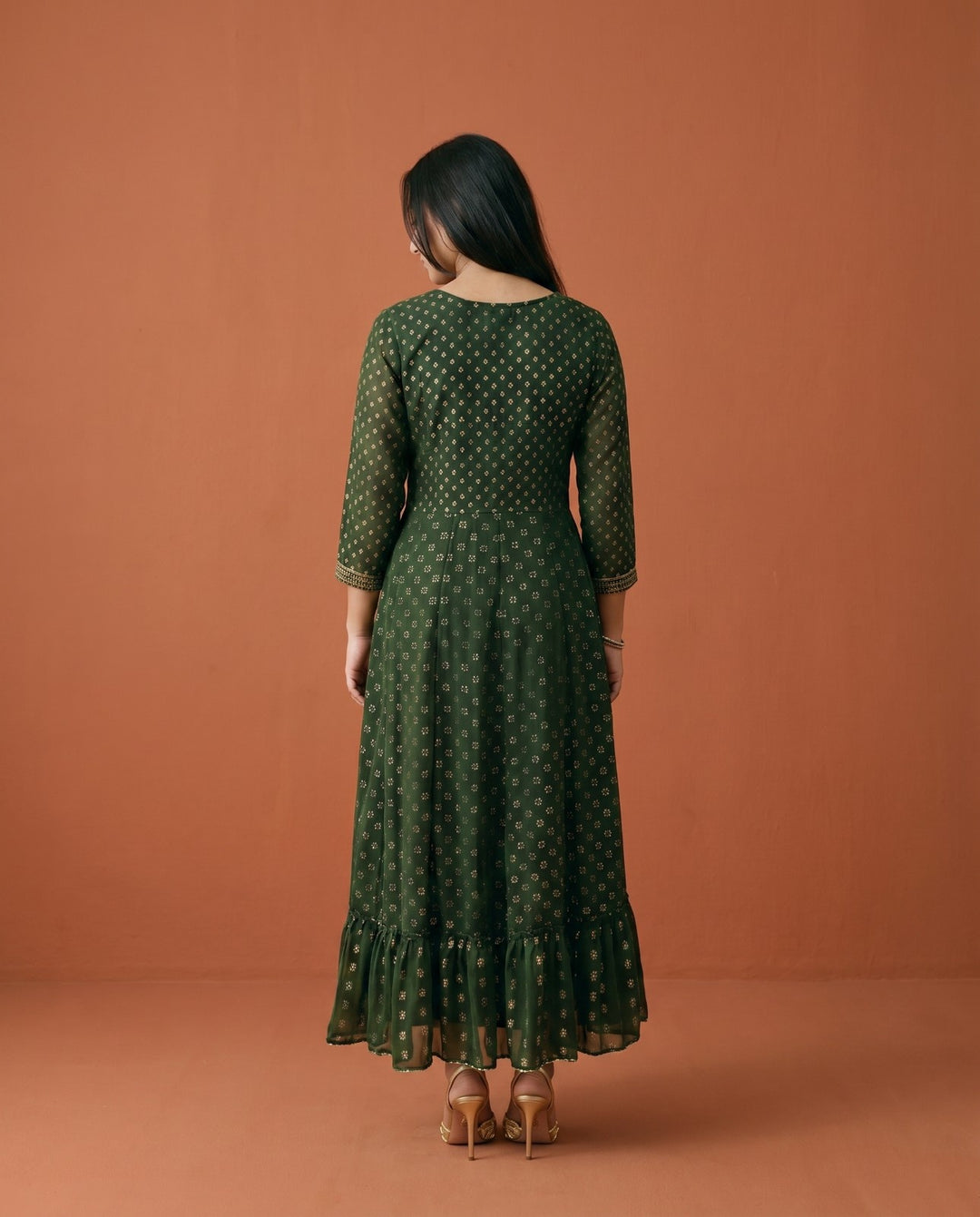 Bottle Green Embriodered Georgette Maxi Dress