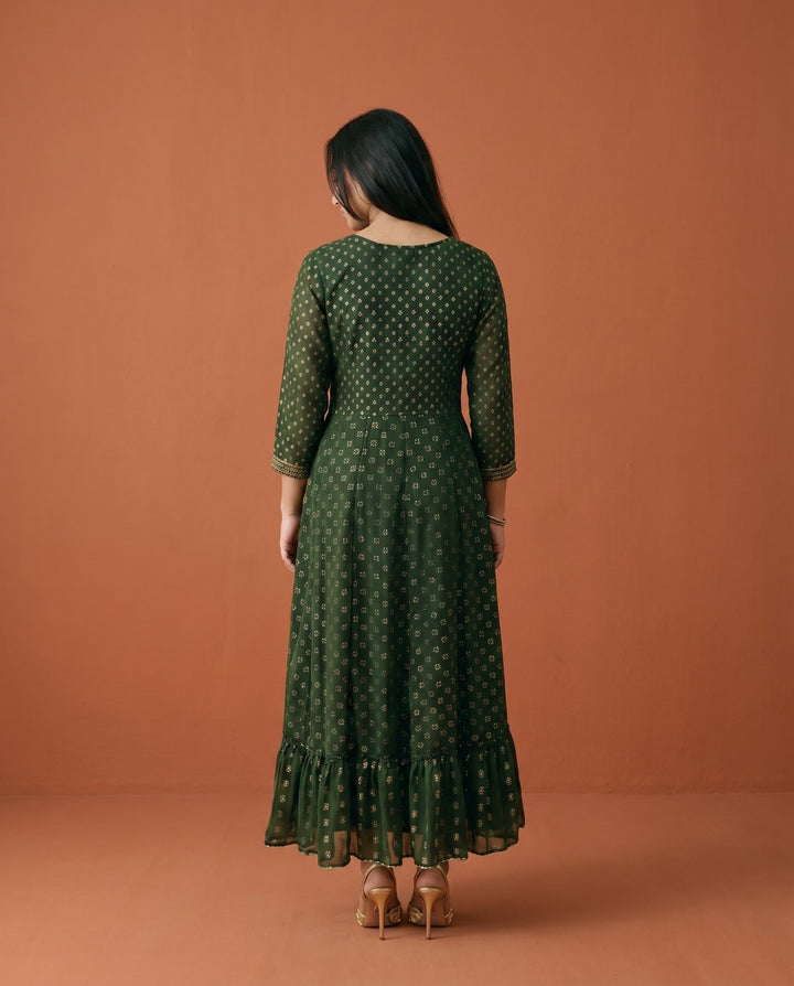 Bottle Green Embriodered Georgette Maxi Dress