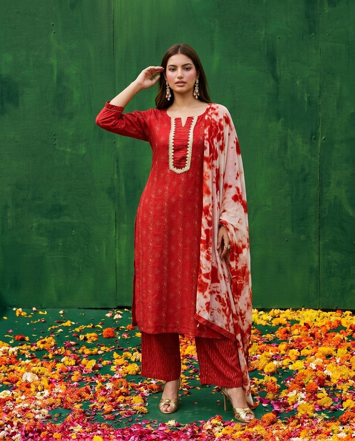 Red Cotton Kurta Bottom Dupatta Set