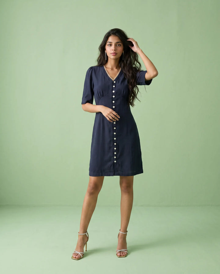 Navy Solid Viscose Blended Midi Dress