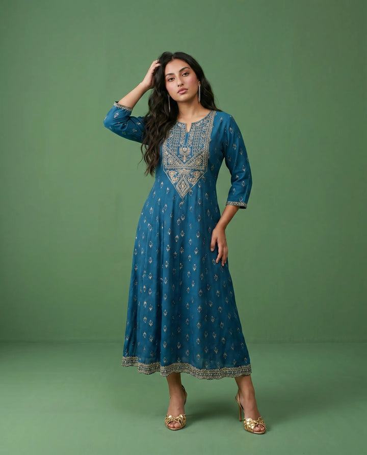 Blue Embriodered Rayon Maxi Dress