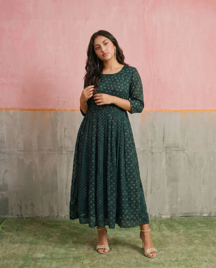 Bottle Green Printed Georgette Maxi Dress