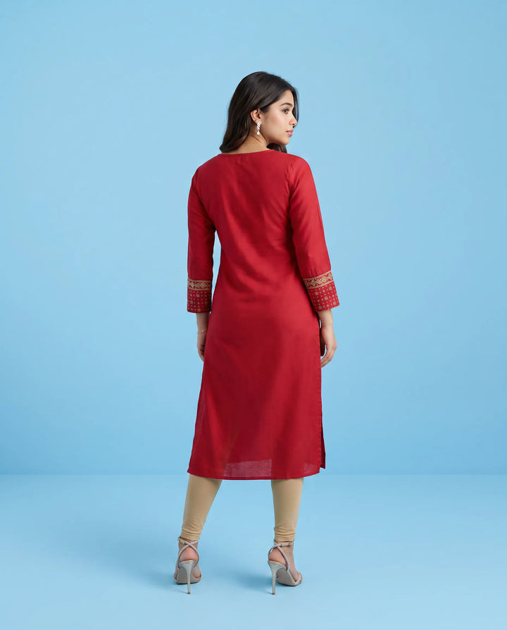 Red Embroidered Viscose Blended Straight cut Long Kurta