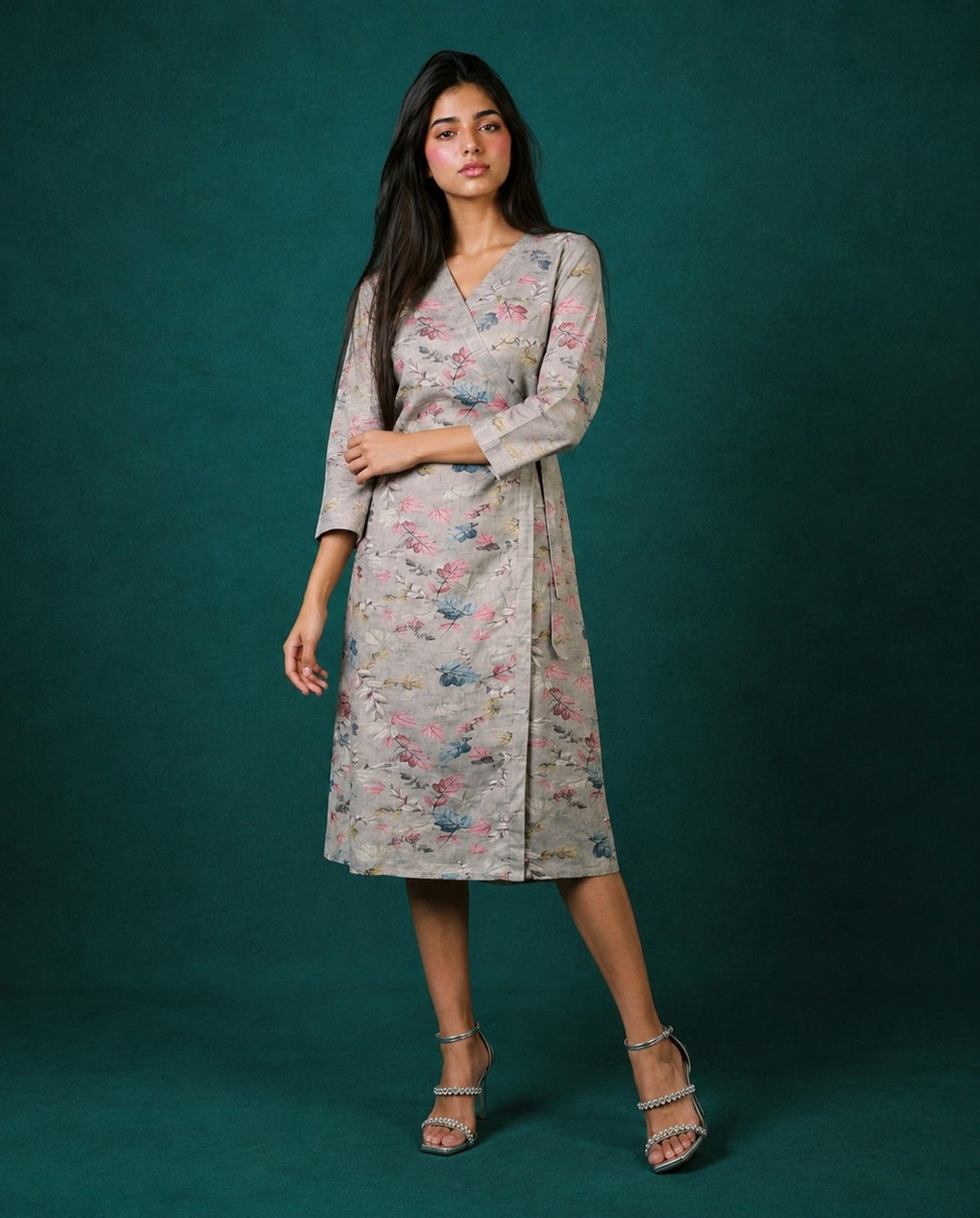 Grey Printed Viscose Blended Midi Dress