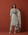White Printed Cotton Kurta Bottom Dupatta Set