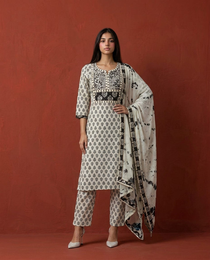 White Printed Cotton Kurta Bottom Dupatta Set