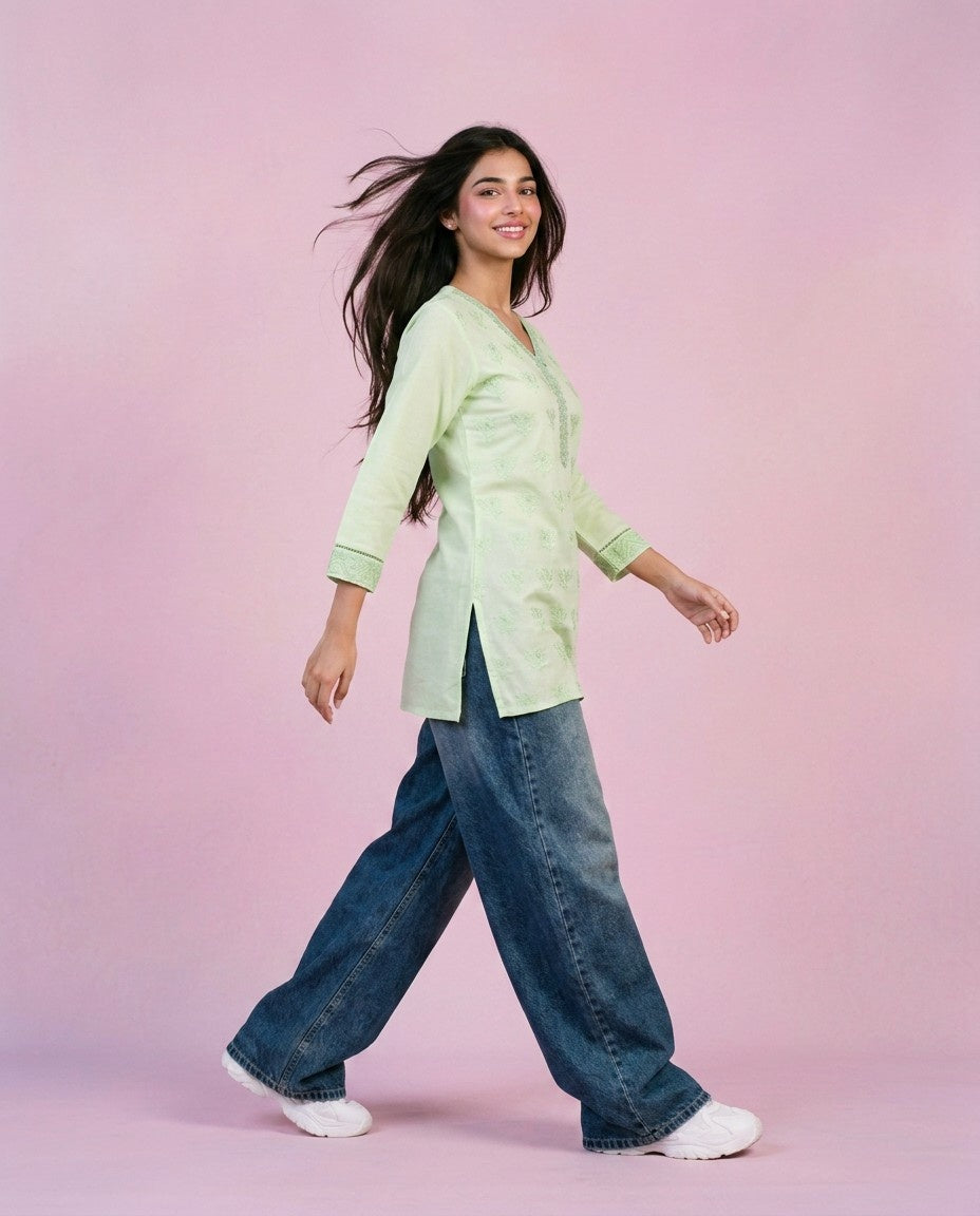 Lime Green Embriodered Cotton Short Kurti