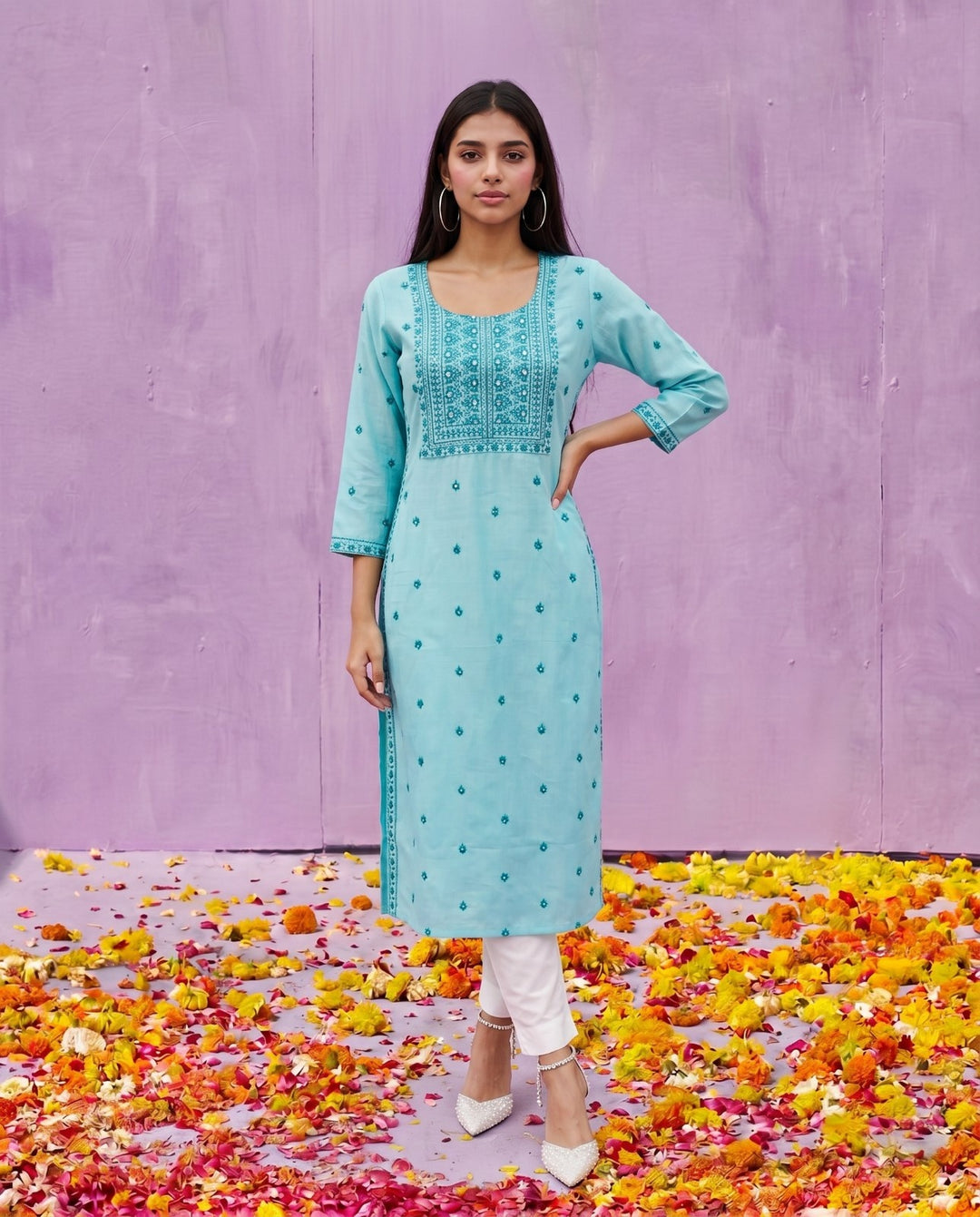 Sky Blue Embroidered Viscose Blended Straight cut Long Kurta