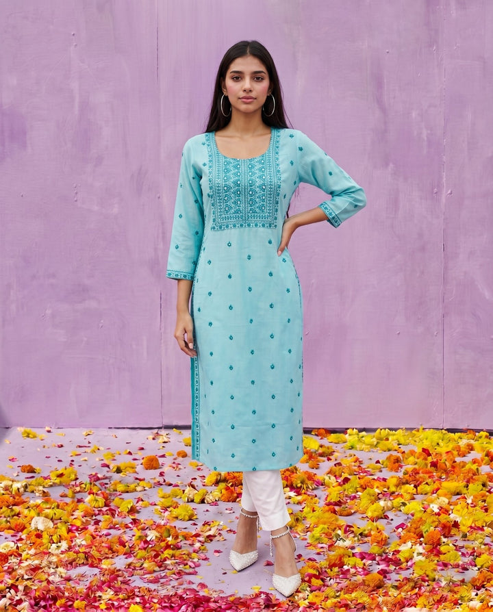 Sky Blue Embroidered Viscose Blended Straight cut Long Kurta