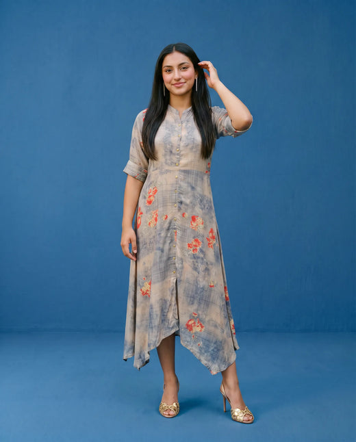 Grey Printed Rayon Maxi Dress