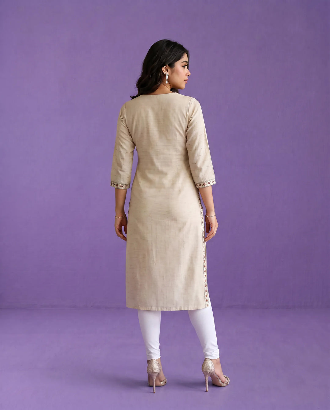 Beige Embroidered Cotton Straight cut Long Kurta