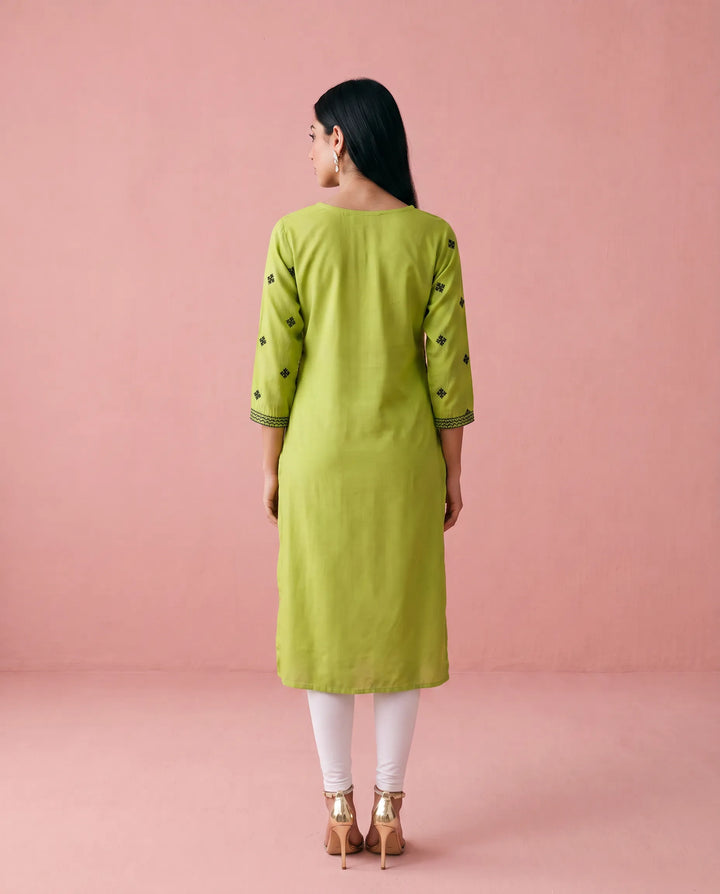 Green Embroidered Viscose Blended 3/4 Sleeves Straight Cut Long Kurta