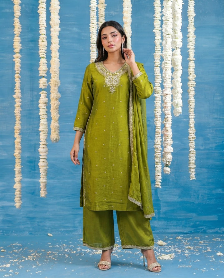 Olive Embriodered Silk Blended Kurta Bottom Dupatta Set