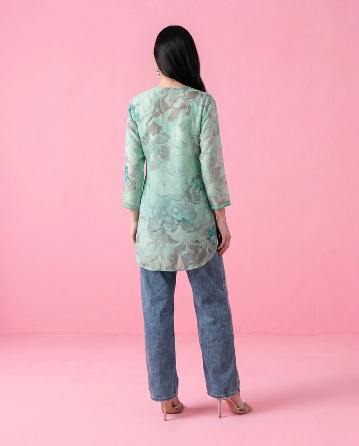 Turquoise Printed Crepe Silk Short Kurti