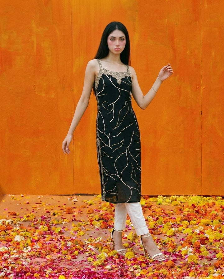 Black Embroidered Viscose Blended Spaghetti Strap Straight Cut Long Kurta